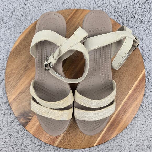 Crocs Leigh II Beige Canvas Leather Ankle Strap Casual Wedge Sandal Womens 9 - Picture 8 of 14